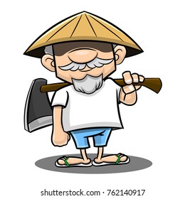 Old Traditional Farmer holding a hoes cartoon vector