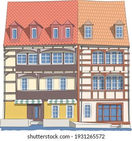 Old traditional German half-timbered houses above the canal in Bamberg. Vector illustration