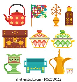 old traditional heritage icons in Arab gulf countries ( United Arab Emirates UAE  Saudi Arabia KSA , Qatar  Bahrain , Kuwait  and Oman )  Ramadan kareem isolated vector illustration