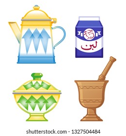 old traditional heritage icons in Arab gulf countries ( United Arab Emirates UAE  Saudi Arabia ksa  Bahrain  Kuwait Qatar and Oman )  Ramadan kareem isolated vector   , Arabic word : milk