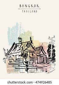Old traditional houses in Bangkok, Thailand, Asia. Artistic vintage hand drawn postcard in vector