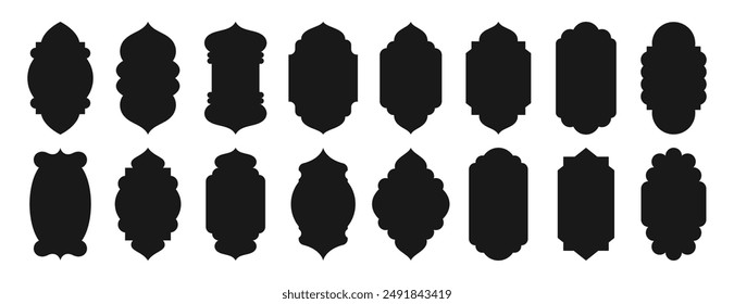 Old traditional islamic window shape set in oriental style. Black silhouette eid mubarak decorative frames, mosque borders, ramadan gates or arches. Arabic muslim bagdes, architecture design elements.