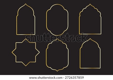 Old traditional islamic window shape set in oriental style. Black silhouette eid mubarak decorative frames, mosque borders, ramadan gates or arches. Arabic muslim bagdes, architecture design elements 