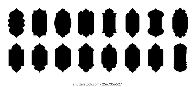 Old traditional Islamic window vector shape set in oriental style. Black silhouette mosque border, decorative door arch, frames for Ramadan and Eid Mubarak. Arabic Muslim architecture design element