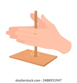 Old traditional method of caveman for lighting fire using friction of wooden stick and board. Human hands carve flames, two palms make rotating movement on wood cartoon vector illustration