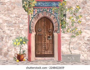 Old Traditional Moroccan stone wall, door, arch, lemon plant illustration for wallpaper