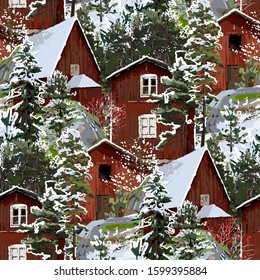 Old traditional scandinavian wooden houses, surrounded by coniferous trees and stones, covered with white snow. Winter design. Vector repeated seamless pattern