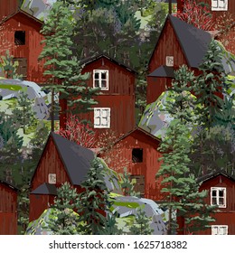 Old traditional scandinavian wooden houses, surrounded by coniferous trees and stones, covered with moss. Vector repeated seamless pattern
