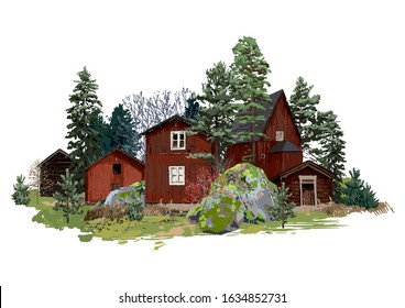 Old traditional scandinavian wooden houses, surrounded by coniferous trees and stones, covered with moss. Vector natural illustration isolated on white background