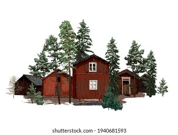 Old traditional scandinavian wooden houses, surrounded by coniferous trees. Vector natural illustration isolated on white background