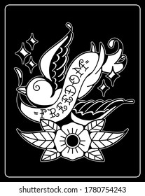 Old traditional school tattoo of flash art design. Isolated vector illustration with wild swallow flight, flower and ribbon with freedom inscription. Element for tattoo sketch or print.