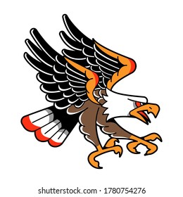 Old traditional school tattoo of flash art design. Isolated vector illustration with wild and freedom classic american eagle in vintage, retro style. Element for tattoo sketch or print.