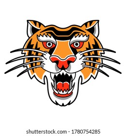 Antiguo tatuaje tradicional de diseño de arte flash. Ilustración vectorial aislada con cabeza salvaje de tigre en estilo retro vintage. Elemento para el esbozo de tatuaje o la impresión.