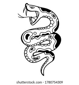 Old traditional school tattoo of flash art design. Isolated vector illustration with wild and dangerous snake, cobra. Element for tattoo sketch or print.