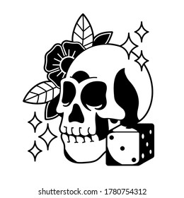 Old traditional school tattoo of flash art design. Isolated vector illustration with skull flower and dice. Element for tattoo sketch or print.
