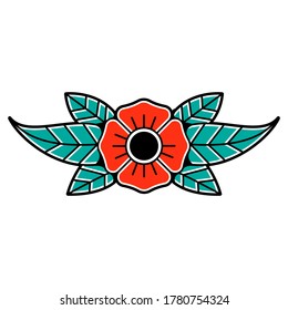 Old traditional school tattoo of flash art design. Isolated vector illustration with traditional tattoo flower element in vintage, retro style. Element for tattoo sketch or print.