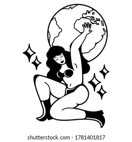 Old traditional school tattoo of flash art design. Isolated vector illustration with strong woman who hold the planet in vintage, retro style, woman power feminism. Element for tattoo sketch or print.