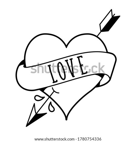 Old traditional school tattoo of flash art design. Isolated vector illustration of classic heart with arrow and ribbon with Love inscription in vintage, retro style. Element for tattoo sketch or print