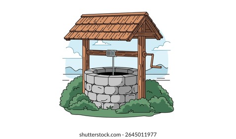 An Old Traditional Wishing Well with Clean Water on a Green Garden