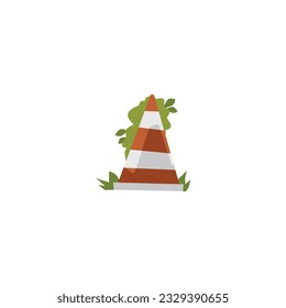 Old traffic cone overgrown with weed, cartoon flat vector illustration isolated on white background. Abandoned road cone, concepts of apocalypse, natural disaster or war.