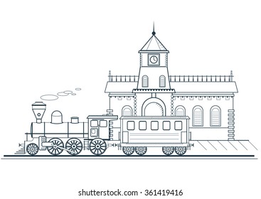 The old train departs from the train station. detailed linear vector illustration, web and motion design.