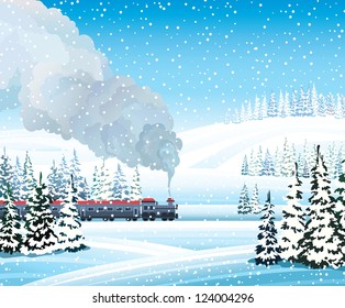 Old train with gray smoke and winter landscape with frozen forest on a blue sky background.
