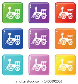 Old train icons set 9 color collection isolated on white for any design