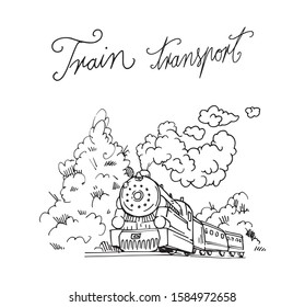 Old train locomotive traveling trough the forest outline vector illustration  Vintage trail silhouette simple drawing and the smoke   letters text tittle  Old movie train moving the railroad 