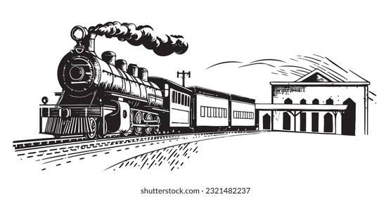 Vieja estación de trenes vintage, boceto dibujado a mano en ilustración de estilo doodle