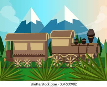 old train steam vector locomotive cartoon in jungle green 