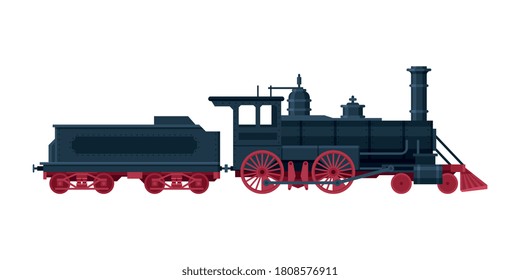 Old Train, Vintage Locomotive and Cargo Wagon, Railroad Transportation Flat Vector Illustration on White Background