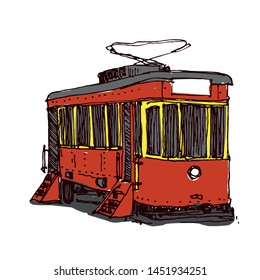 Alte Straßenbahn. Handgezeichnete Vektorgrafik.