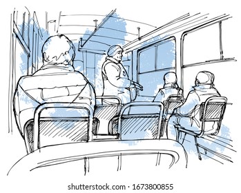 Vieja escena del tranvía: vista desde el asiento trasero. Dibujo manual