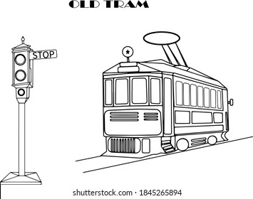 An old tram with an old traffic light, outline,  Vector illustration 