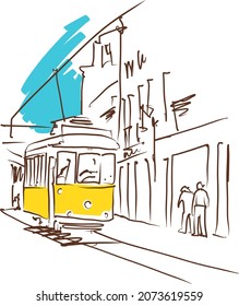 Old tramway in Lisbon driving through curve - vector illustration. Lisbon coloured city tram outline sketch.