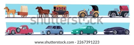 Old transport. Different vehicles new cars and vintage automobiles exact vector set