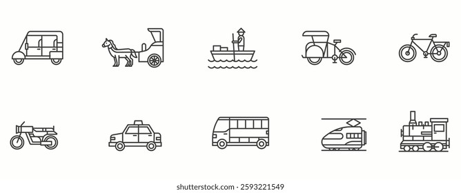 Old Transport line Icon Set . , car, bicycle, bus, train, shipping, subway, . Vector Illustration