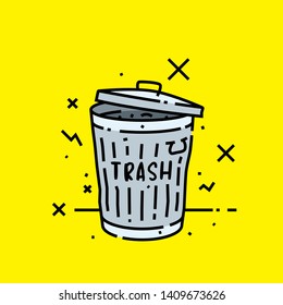 Old trash can line icon. Steel garbage rubbish bin graphic isolated on yellow background. Vector illustration.