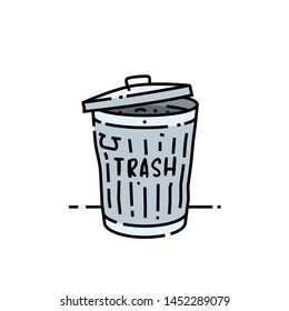 Old trash can line icon. Steel garbage rubbish bin symbol. Vector illustration.