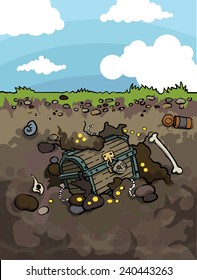 Old Treasure Chest Buried Under Ground, Vector Illustration