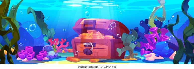 Old treasure chest with money on sea bottom. Vector cartoon illustration of ancient wooden box of golden coins, seaweeds, pearl shell, coral reef, air bubbles under water, adventure game background