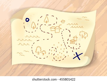 Old treasure hunt map. Grungy, textured old paper on wooden surface / table. Vector illustration.