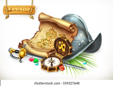 Old treasure map and conquistador helmet. Adventure, 3d vector illustration