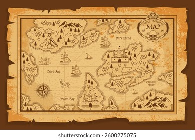 An old treasure map features several islands mountains and a dark sea. It displays ships castles and a compass rose indicating potential routes for explorers in search of treasure.