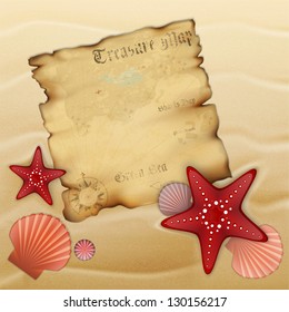 Old treasure map on sand with starfishes, shells and urchin. Illustration contains gradient mesh
