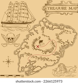 Old treasure map with path to treasure chest on the island. Vector image