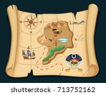 Old treasure map for pirate adventures. Island with old chest. Vector illustration. Pirate map treasure, travel adventure