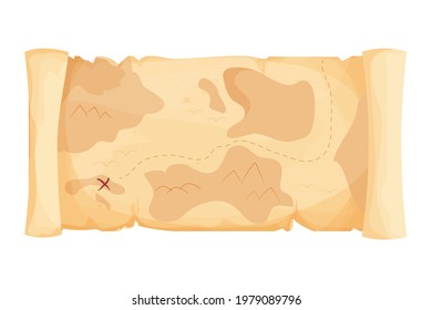 Old Treasure Map For Pirate Adventures In Cartoon Style Isolated On White Background. Fantasy And Simple Skroll Parchment.. Ui Asset