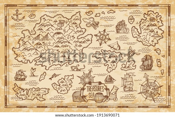 Old treasure map of pirate vector sketch with
islands of Caribbean Sea, vintage nautical compass, pirate ships.
Anchors, antique parchment, treasure chests and fantasy ocean
monsters, adventure design