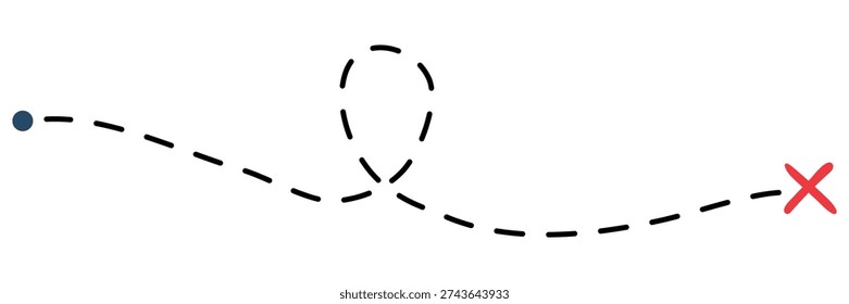 Old treasure map with red X mark and dotted trail. Ancient quest route with dashed path line and cross symbol. Vector illustration isolated on white.
